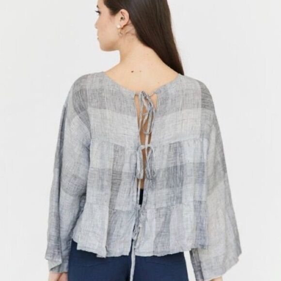 Esby Kiko Tie Back Top Black White Broken Plaid 100% Linen Boho Boxy Blouse Medi - Picture 3 of 15